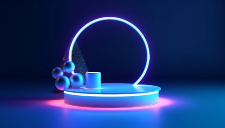 3d render, abstract minimal geometric forms, neon lights, round podium for your design, blue backgroundの素材