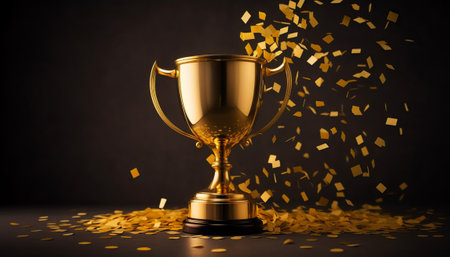 Golden trophy with falling gold confetti on dark background. 3D renderingの素材