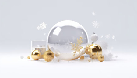 Christmas baubles and snowflakes on white background 3D renderingの素材