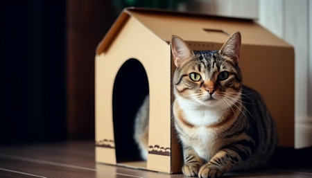 Cute tabby cat sitting on the floor in a cardboard houseの素材