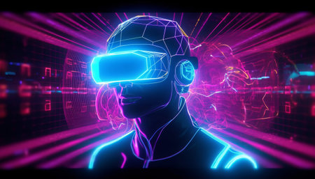3d rendering of virtual reality glasses in cyberspace with neon lightsの素材