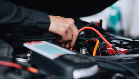 cropped view of mechanic using digital tablet with multimeter in auto repair shopの素材