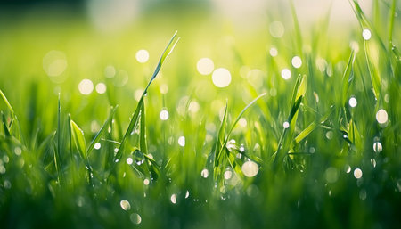 Fresh green grass with dew drops close-up. Natural backgroundの素材