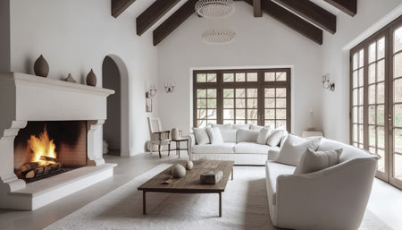 Modern white living room interior design with fireplace. 3D Renderingの素材
