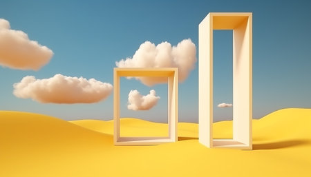 3d render of opened door in desert with clouds and blue skyの素材