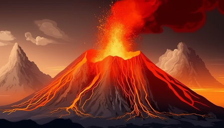 Volcanic eruption with volcano in the background. Vector illustration.の素材