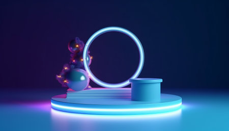 3d render, abstract background, round podium, blue neon lightの素材