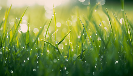 Fresh green grass with dew drops close up. Natural background.の素材
