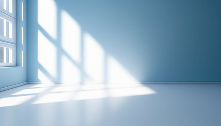 Blue empty room with window and sunlight. 3d render illustration.の素材