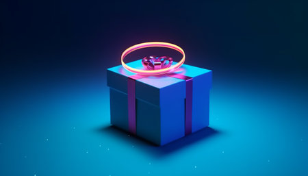 Gift box with neon light on blue background. 3d renderingの素材