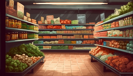 Supermarket shelves full of fresh vegetables and fruits. 3d renderingの素材