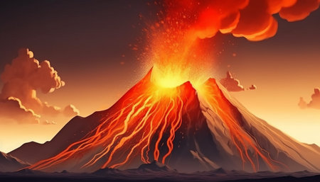 Volcano eruption with lava flow. 3D illustration. Nature background.の素材