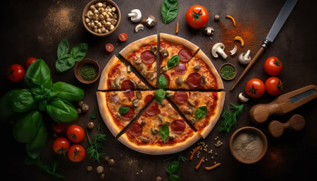 Pizza with mushrooms, tomatoes and basil on a dark background.の素材