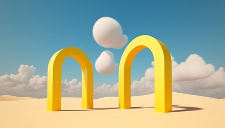 3d rendering of a golden arch in the middle of the desertの素材