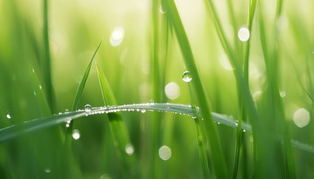 Fresh green grass with dew drops close up. Nature background.の素材