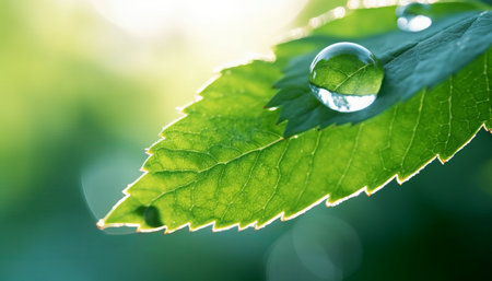 Water drop on green leaf close up. Nature background. Soft focusの素材