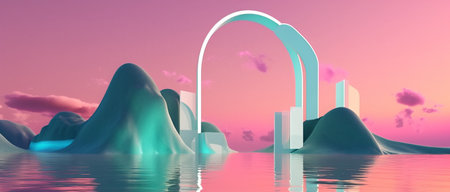 3d illustration of an arch in the middle of the water.の素材