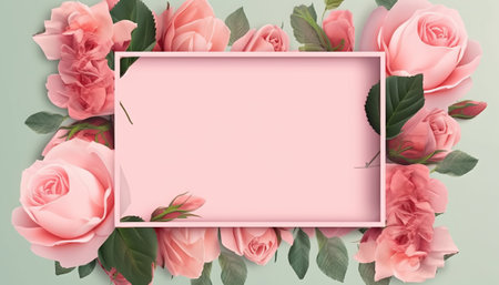 Floral frame with pink roses and green leaves on pastel green background. Flat lay, top view, copy spaceの素材