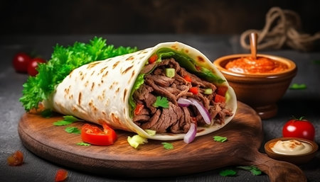 Tortilla wrap with beef and vegetables on a wooden board.の素材