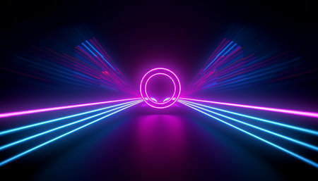 Abstract neon tunnel with glowing lines on dark background. 3d renderingの素材