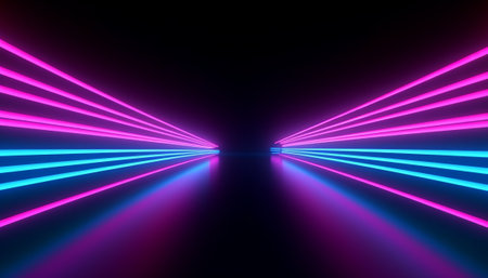 3D abstract background with neon lights. neon tunnel.space construction. 3d illustrationの素材