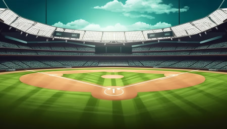 Baseball stadium with green field and blue sky. 3d renderingの素材