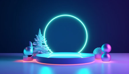 Abstract minimal scene with round podium, Christmas tree and balls. 3d renderの素材