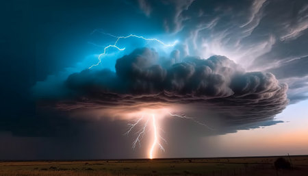 Stormy sky with lightning and thunderclouds. 3d renderingの素材