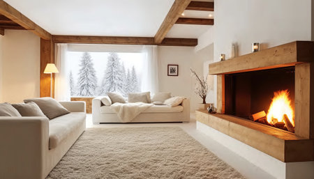 Interior of modern living room with fireplace, comfortable sofa and wooden beamsの素材