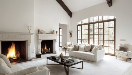 modern white living room with fireplace and sofa, 3d render illustrationの素材