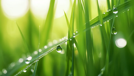 Fresh green grass with dew drops close up. Nature background.の素材