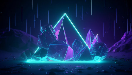 3d illustration of crystal pyramid with neon lights on a dark backgroundの素材