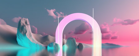 3D illustration of an arch in the sky with clouds and oceanの素材