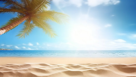 Tropical beach with palm tree and sand against blue sky with cloudsの素材