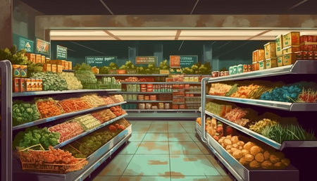 Supermarket interior with shelves full of fruits and vegetables, 3d illustrationの素材