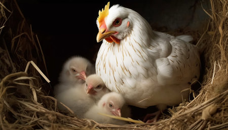 chicken with newborn chicks in the nest on a dark background.の素材