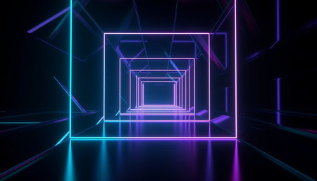 3D abstract background with neon lights. 3d illustration, 3d renderの素材