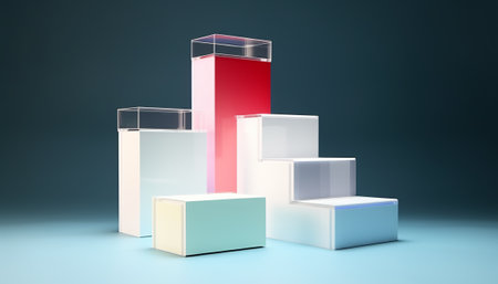 3d render of colorful podiums on blue background with copy spaceの素材