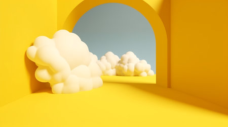 3d rendering of an abstract background with a yellow arch and a white cloudの素材