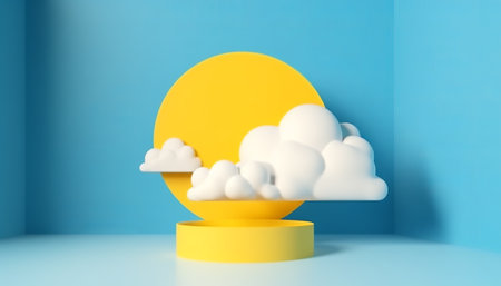 Minimal scene with yellow podium and clouds on blue background. 3D renderingの素材