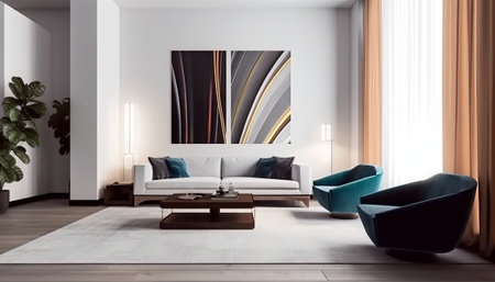 Modern living room interior design with sofa and coffee table. 3D Renderingの素材