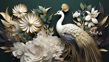 3d rendering of white peacock with gold leaves on green backgroundの素材