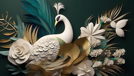 3d illustration of white peacock and tropical leaves on dark backgroundの素材