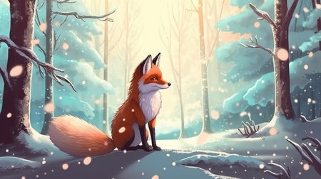 Cute red fox in winter forest with snowfall. Vector illustration.の素材