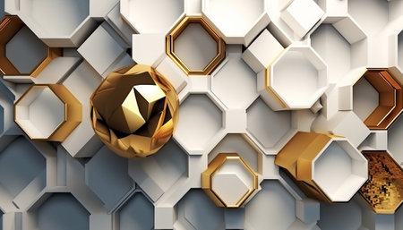 Abstract 3d rendering of chaotic hexagonal composition with golden and silver geometric shapes. Reflective surface with hexagons.の素材