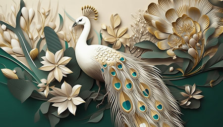 Peacock and flowers on green background. 3d illustration.の素材
