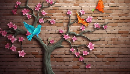 Spring tree with flowers and birds on brick wall background. 3d renderingの素材