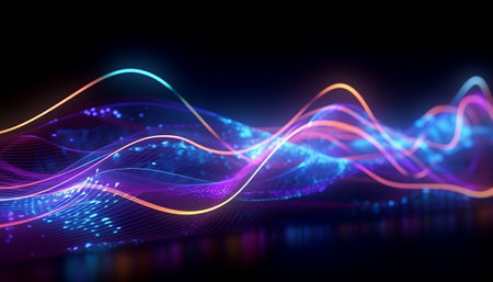 Futuristic technology wave background with glowing lines and bokehの素材