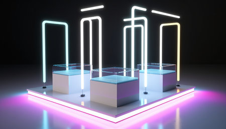 3d illustration of abstract geometric background with neon lights, podium, stageの素材