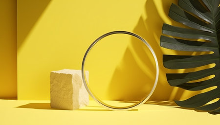 Minimal scene with podium and monstera leaf. 3d renderの素材